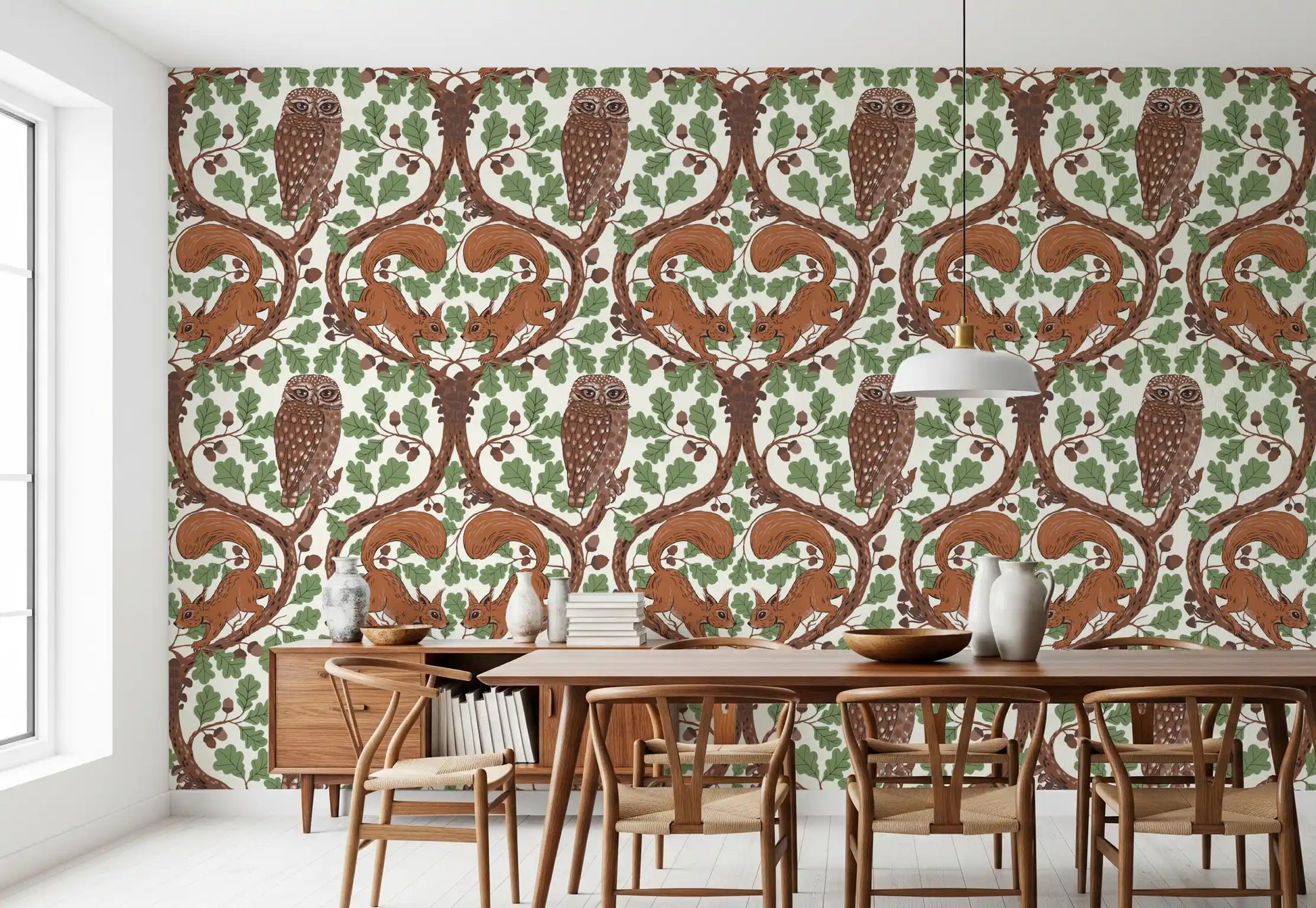 Dining rooms gain a quiet, bookish feel with this Woodland Whispers oak wallpaper.