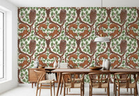 Dining rooms gain a quiet, bookish feel with this Woodland Whispers oak wallpaper.