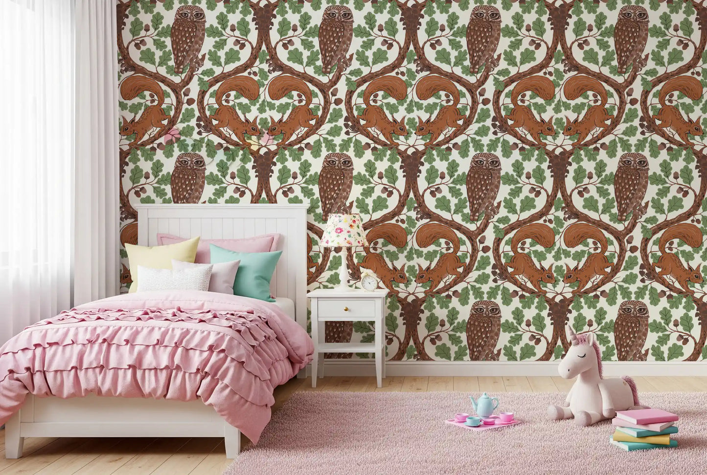 Curving brown branches connect the owl and squirrels in this storybook wallpaper.