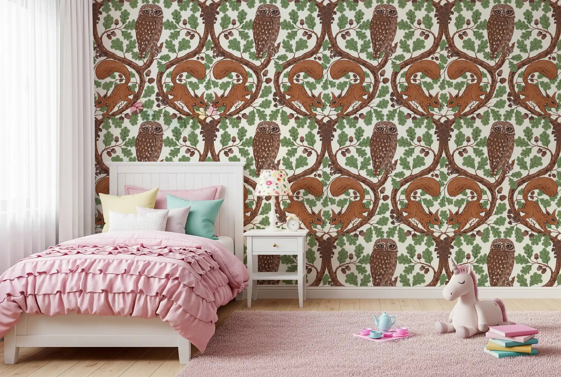 Curving brown branches connect the owl and squirrels in this storybook wallpaper.