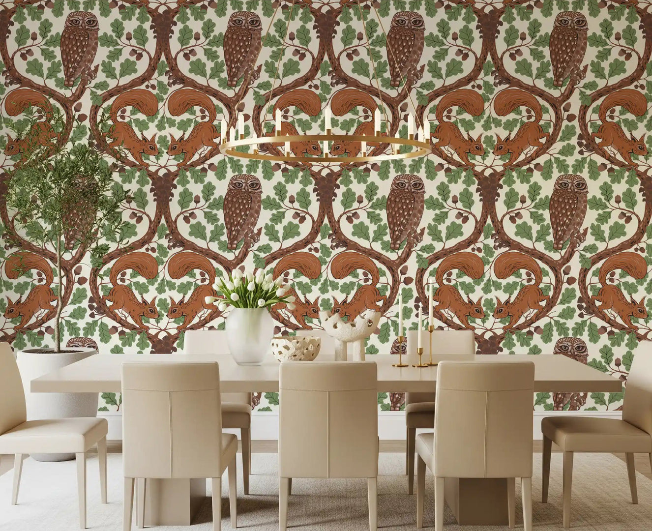 Woodland whispers wallpaper anchors a modern dining room with vintage storybook charm.