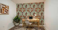 A Study room feels storybook-like beneath this woodland owls and oak wallpaper.