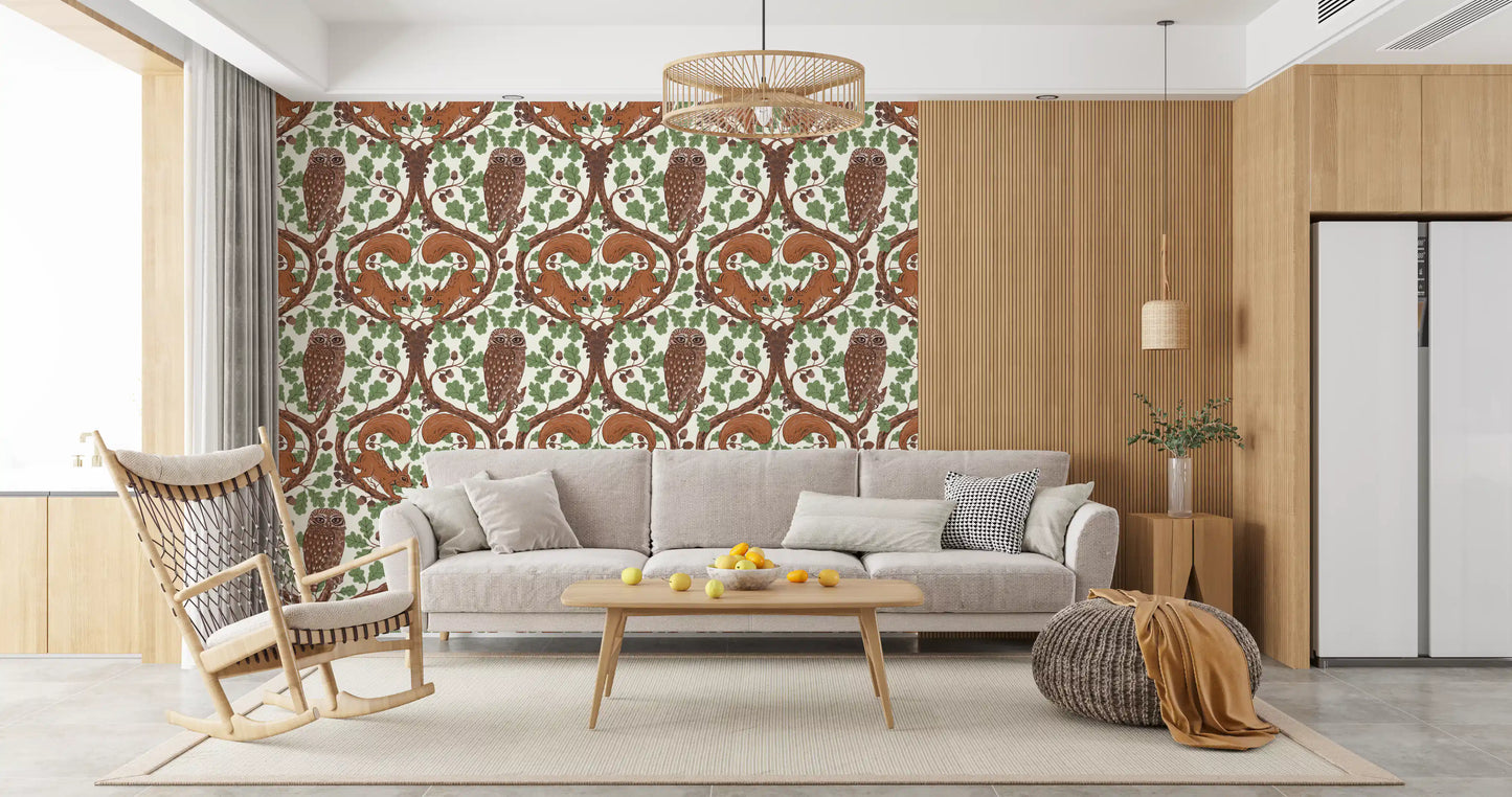 A central owl perches calmly at the heart of this woodland whispers wallpaper.