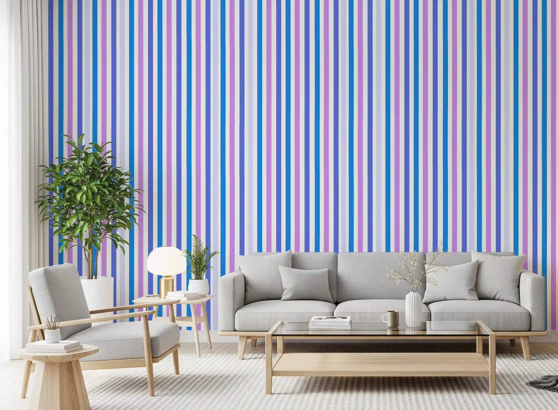 Striped wallpaper in lively hues lifts a modern living room atmosphere., GD9689
