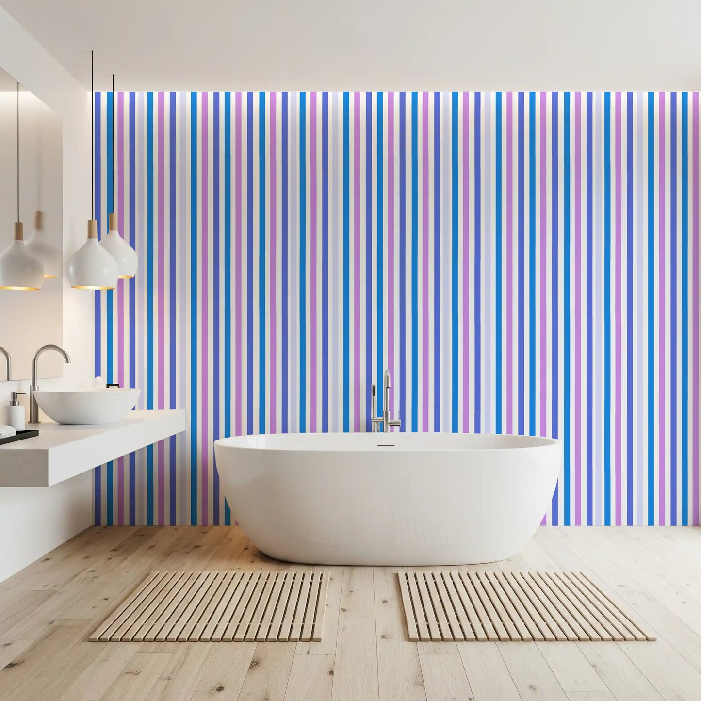 Alternating stripe widths add a lively pace to this blue and lilac wallpaper., GD9689