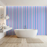 Alternating stripe widths add a lively pace to this blue and lilac wallpaper., GD9689