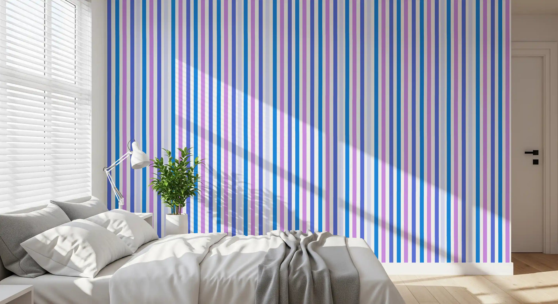 Restful bedroom vibe meets vibrant striped wallpaper in blue and lilac shades., GD9689