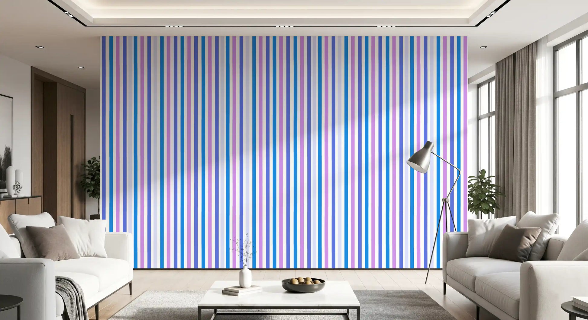 A mix of bold blue and pastel lilac defines this striped wallpaper pattern., GD9689