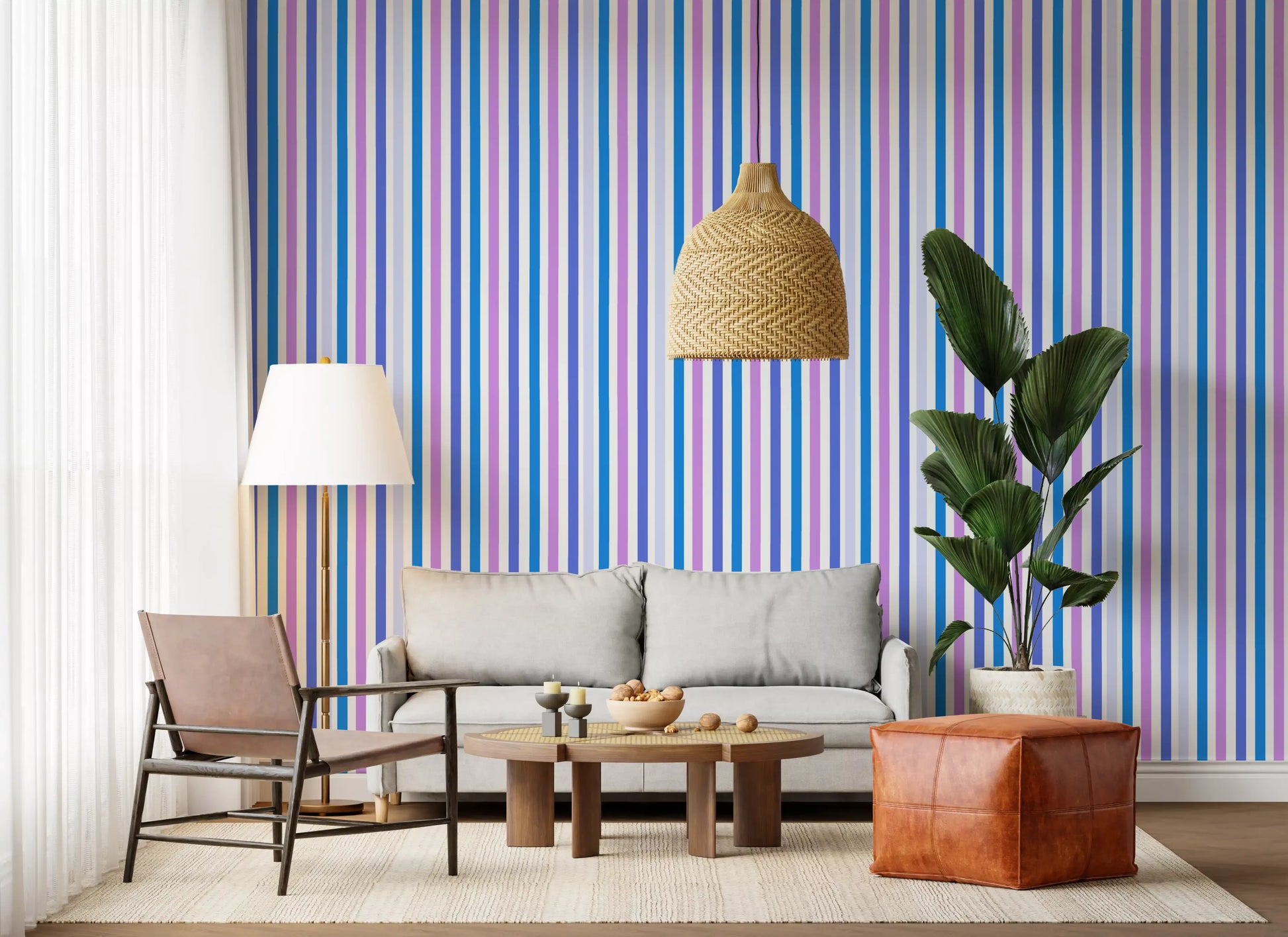 Cool shades of blue, lilac, and lavender stretch across a striped wallpaper field., GD9689