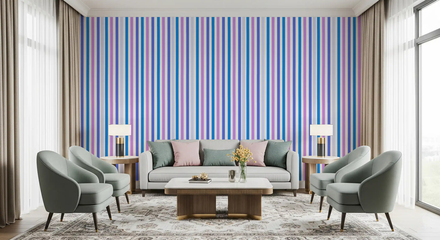 Vertical color bands give a lounge a fresh feel with this striped wallpaper., GD9689