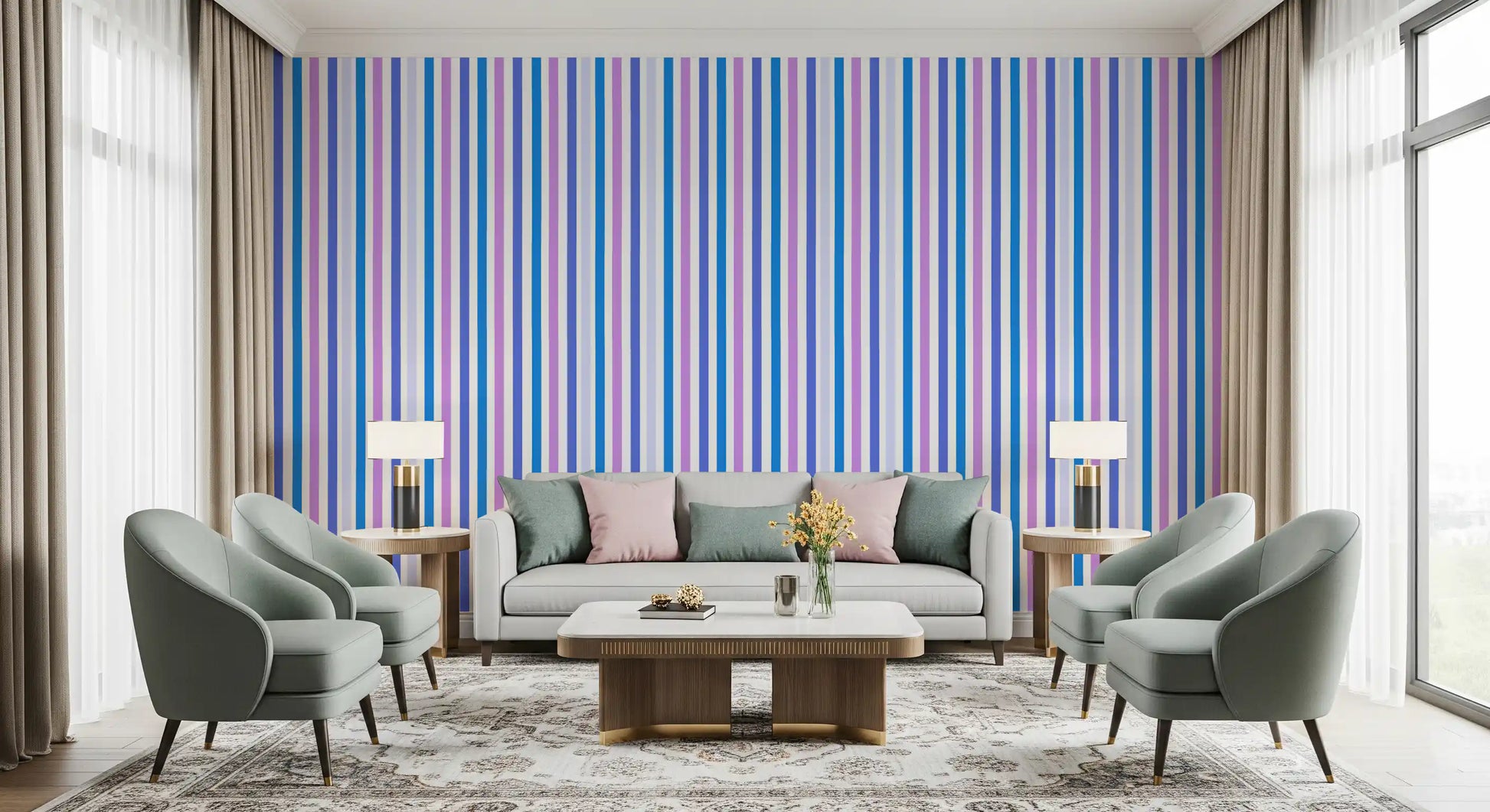 Vertical color bands give a lounge a fresh feel with this striped wallpaper., GD9689