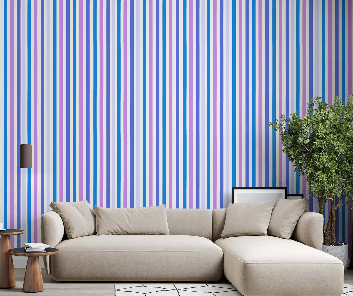 Crisp blue and lilac stripes brighten a living room with this vertical wallpaper., GD9689