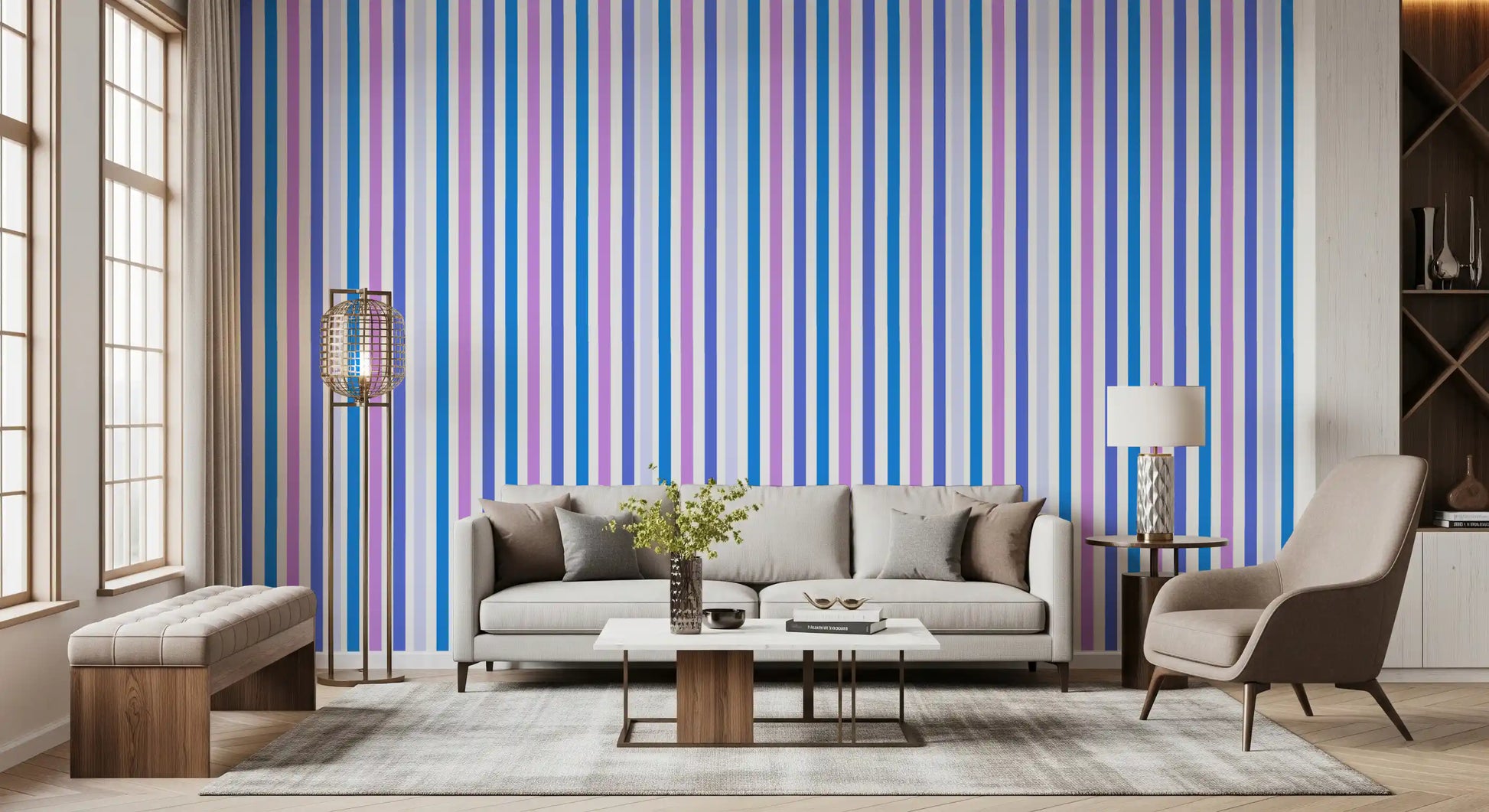Bright vertical stripes liven up a Living room with this blue and lilac wallpaper., GD9689