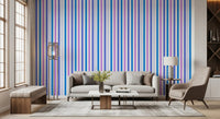 Bright vertical stripes liven up a Living room with this blue and lilac wallpaper., GD9689
