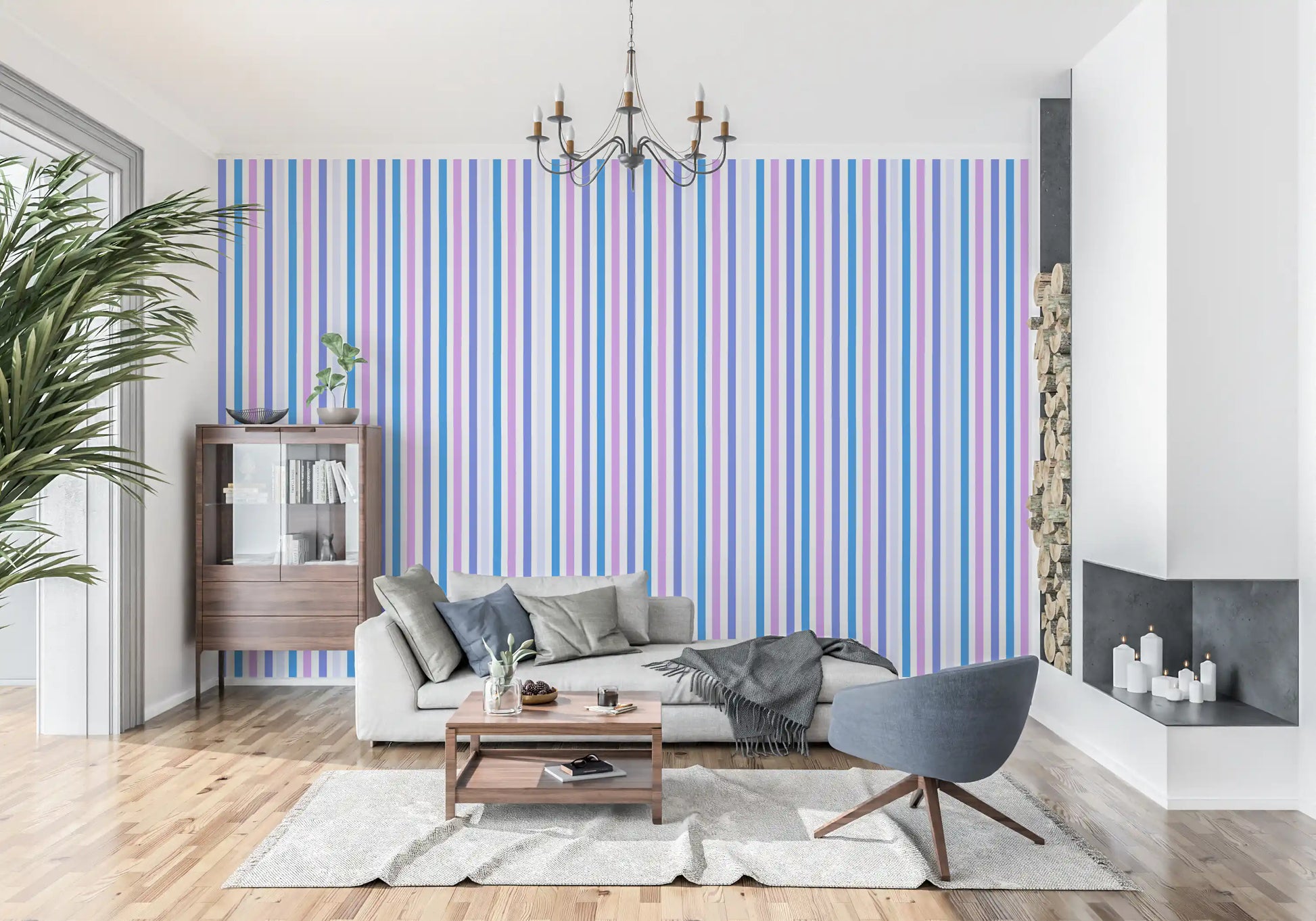 Stripes in blue, lilac, and white travel vertically along this wallpaper section., GD9689