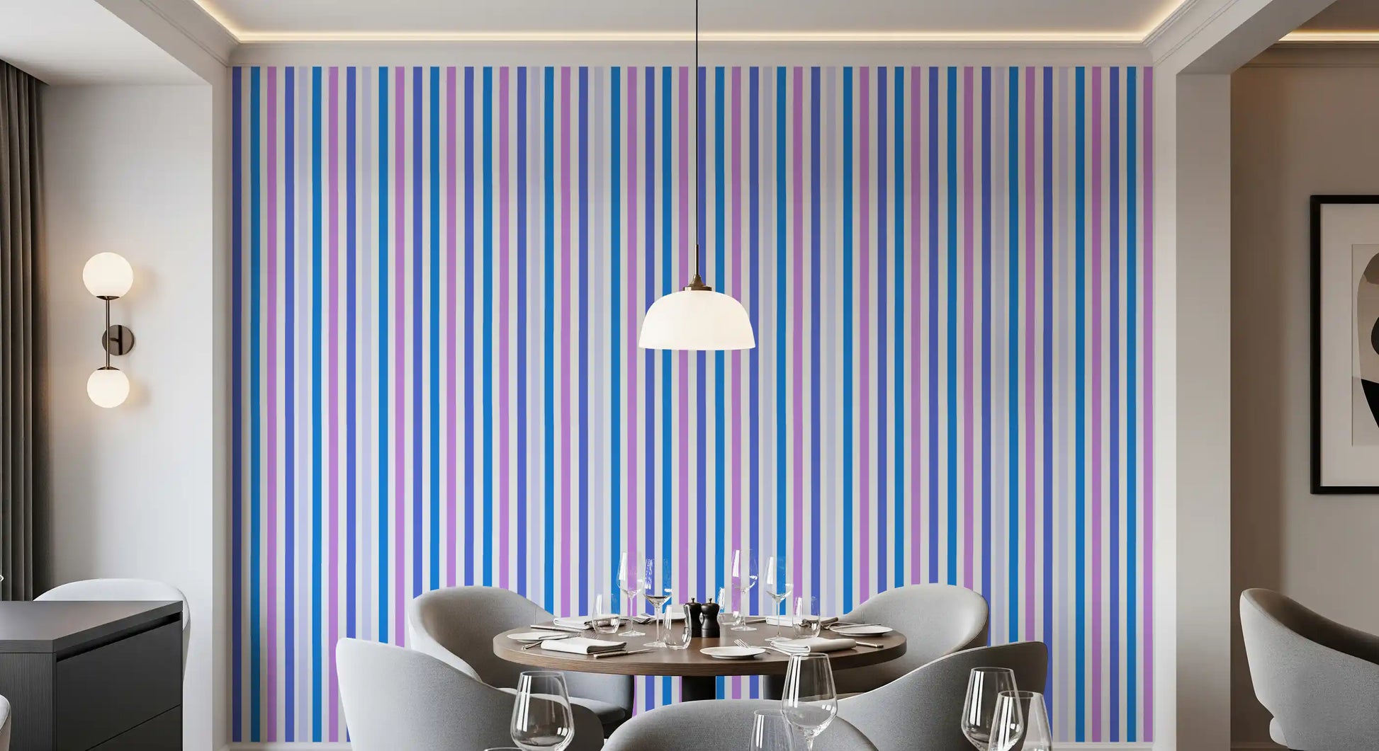 Cheerful color flow refreshes a Dining room with this vertical striped wallpaper., GD9689