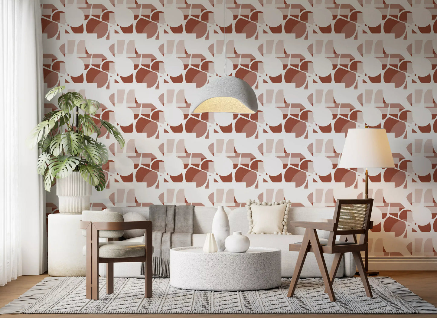 A Living room gains quiet warmth from this terracotta geometric wallpaper layout., GD9690
