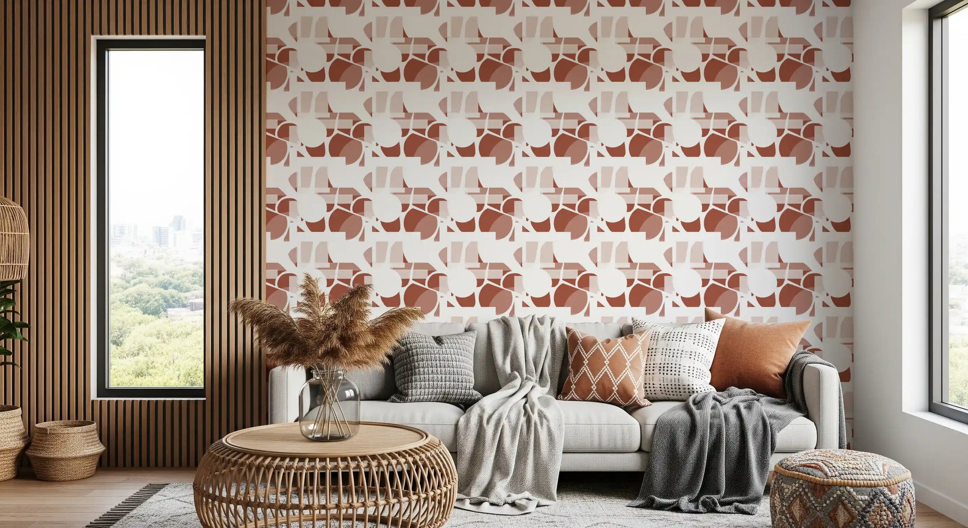 Asymmetric clay forms scatter on a terracotta wallpaper with woven texture., GD9690