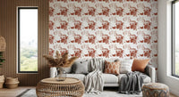 Asymmetric clay forms scatter on a terracotta wallpaper with woven texture., GD9690
