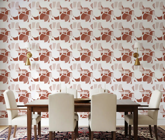 Warm clay tones bring an earthy mood to a dining room with this terracotta wallpaper.