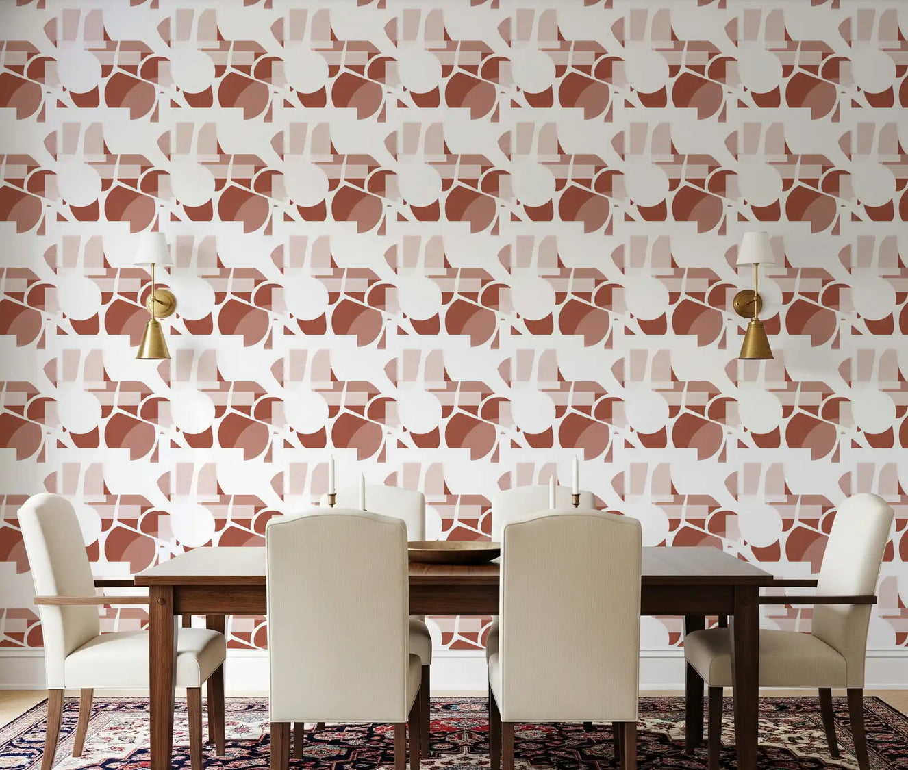 Warm clay tones bring an earthy mood to a dining room with this terracotta wallpaper.