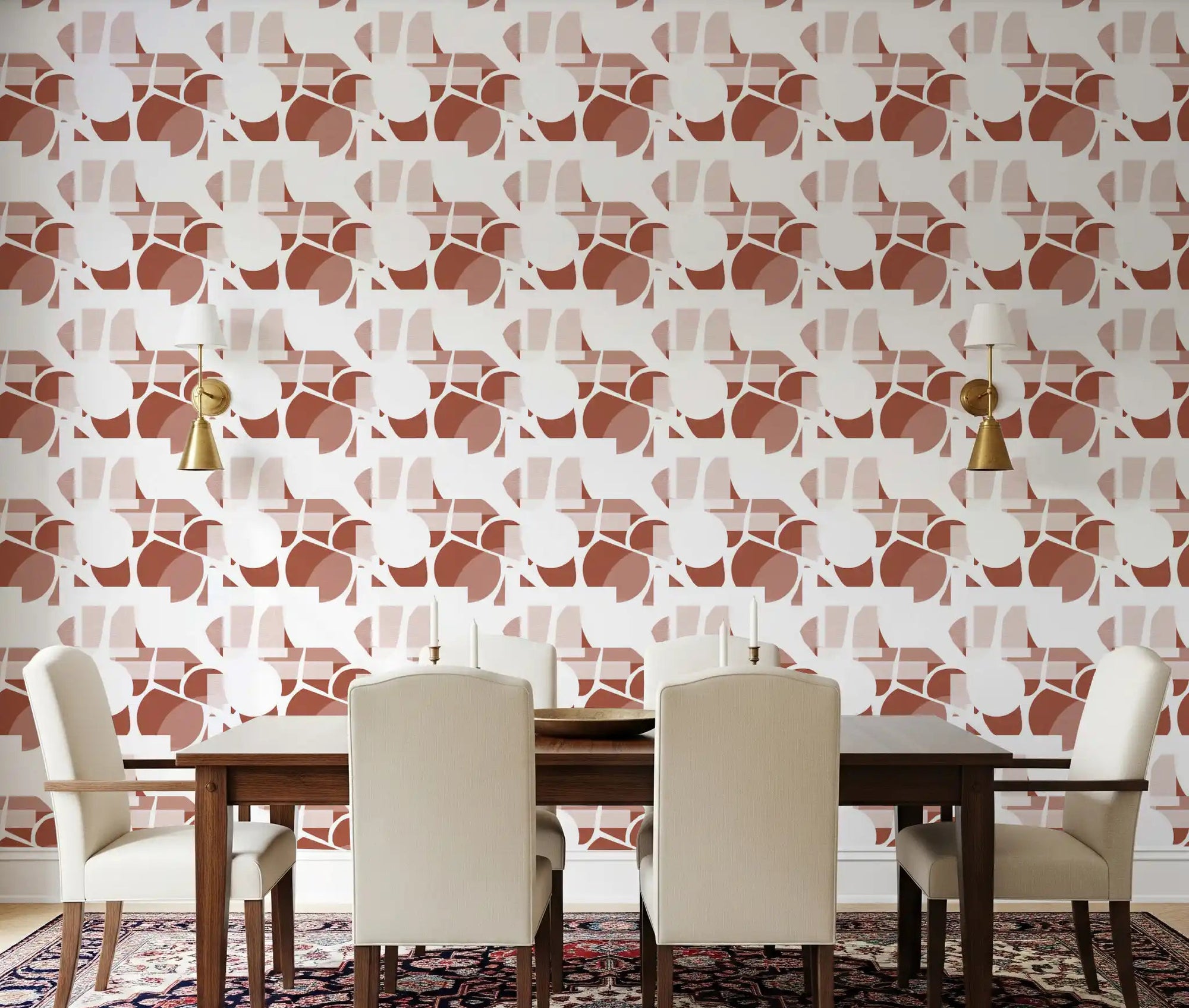 Warm clay tones bring an earthy mood to a dining room with this terracotta wallpaper., GD9690