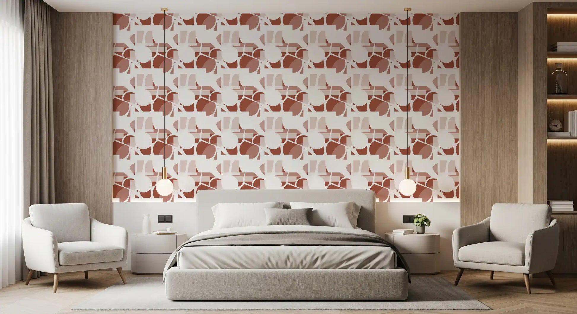 Modern Bedroom style meets a clay-shape wallpaper in muted rust hues., GD9690