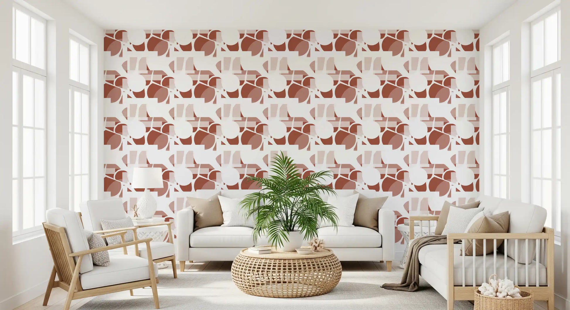 Earthy terracotta motifs add a relaxed feel to a lounge with this wallpaper., GD9690