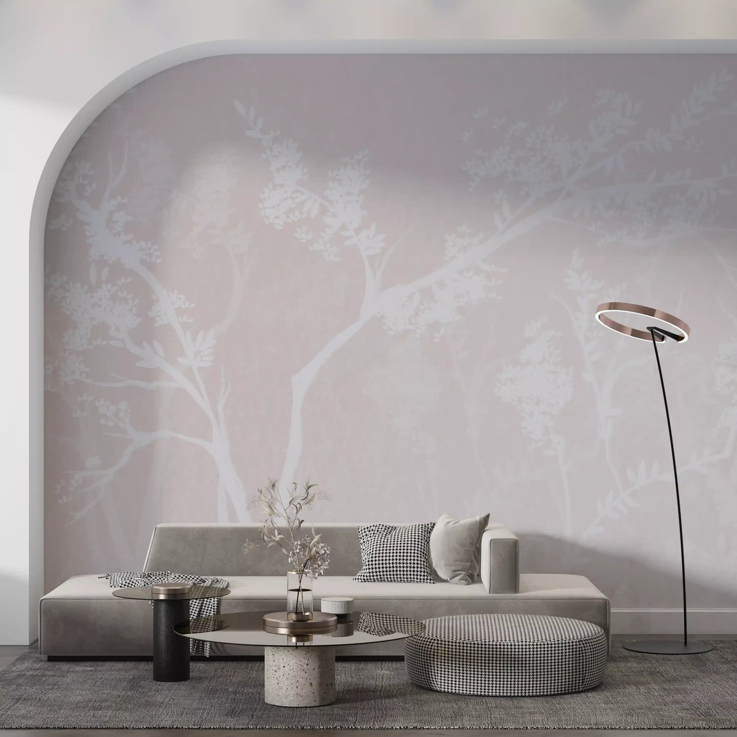 Reaching branches and leaf clusters visible in the Blossom Canopy Neutrals wall mural