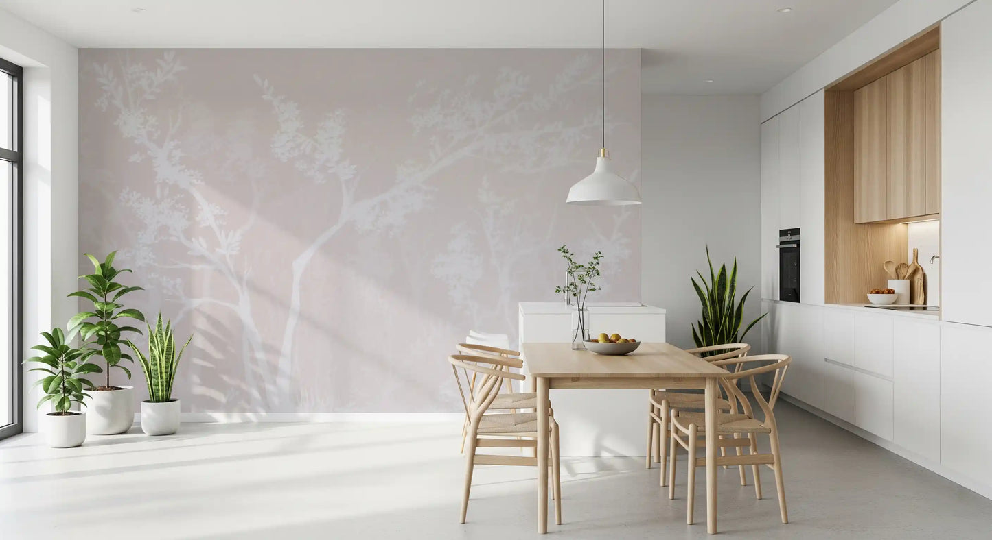 Muted Blossom wall mural in a plant-filled Scandinavian-style Dining room