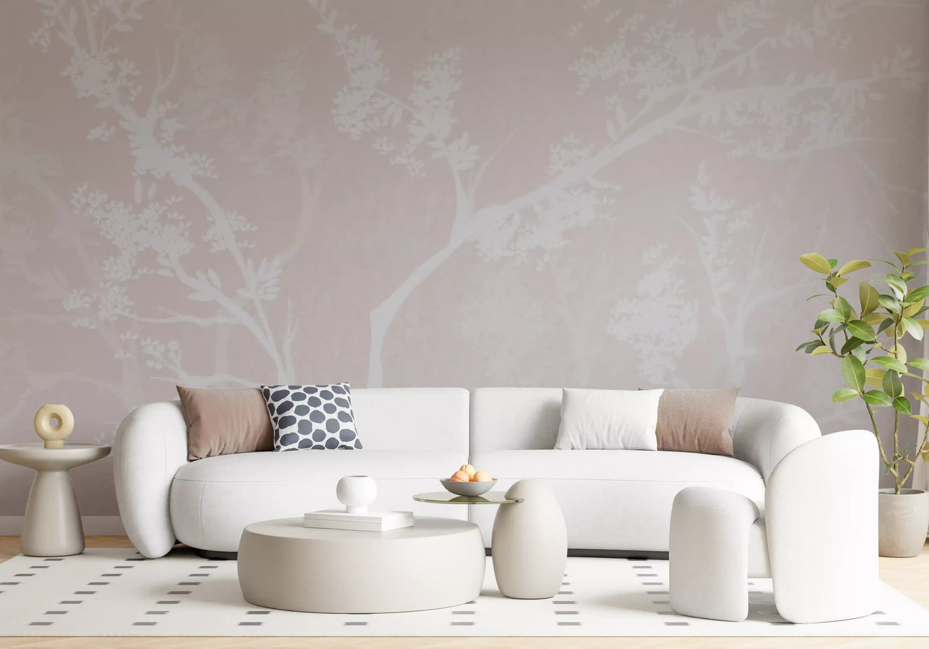 living room with Muted Blossom Canopy wall mural in pale blush tones

