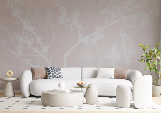 living room with Muted Blossom Canopy wall mural in pale blush tones, GD9691