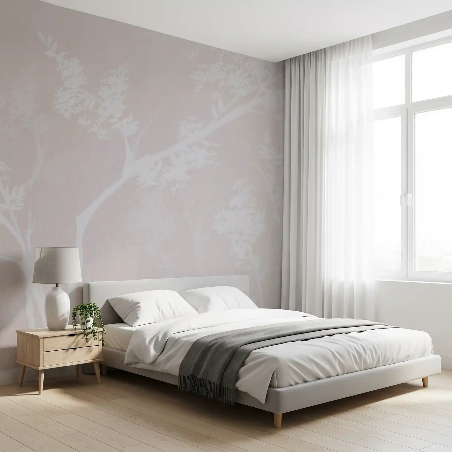 Dusty rose and white botanical wall mural in Muted Blossom Canopy Neutrals