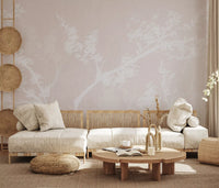 Contemporary living room with Blossom Canopy Neutrals mural, white on blush