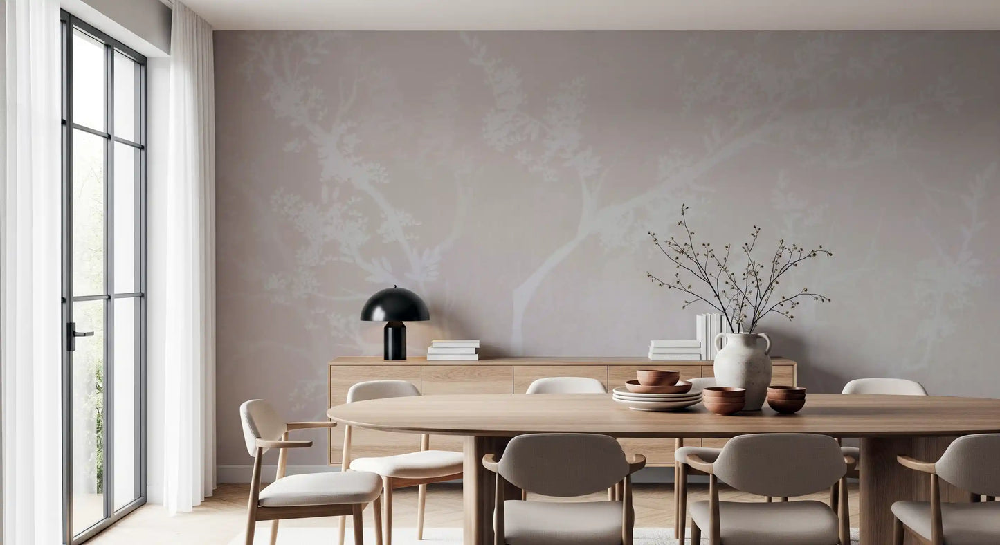 Defined white tree canopy silhouettes on a muted blush-pink Blossom wall mural