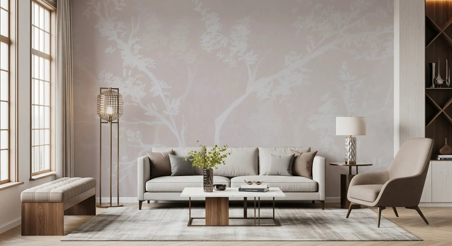 Blush botanical wall mural spanning a warm-toned neutral living room 