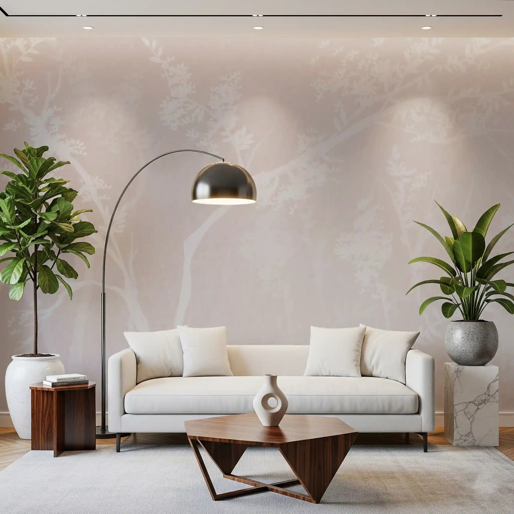 Pale pink and white canopy wall mural filling an airy neutral lounge 