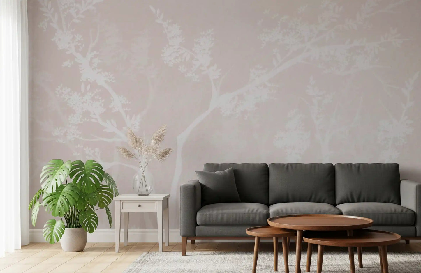 Muted Blossom Canopy Neutrals wall mural on a Living room feature , blush pink