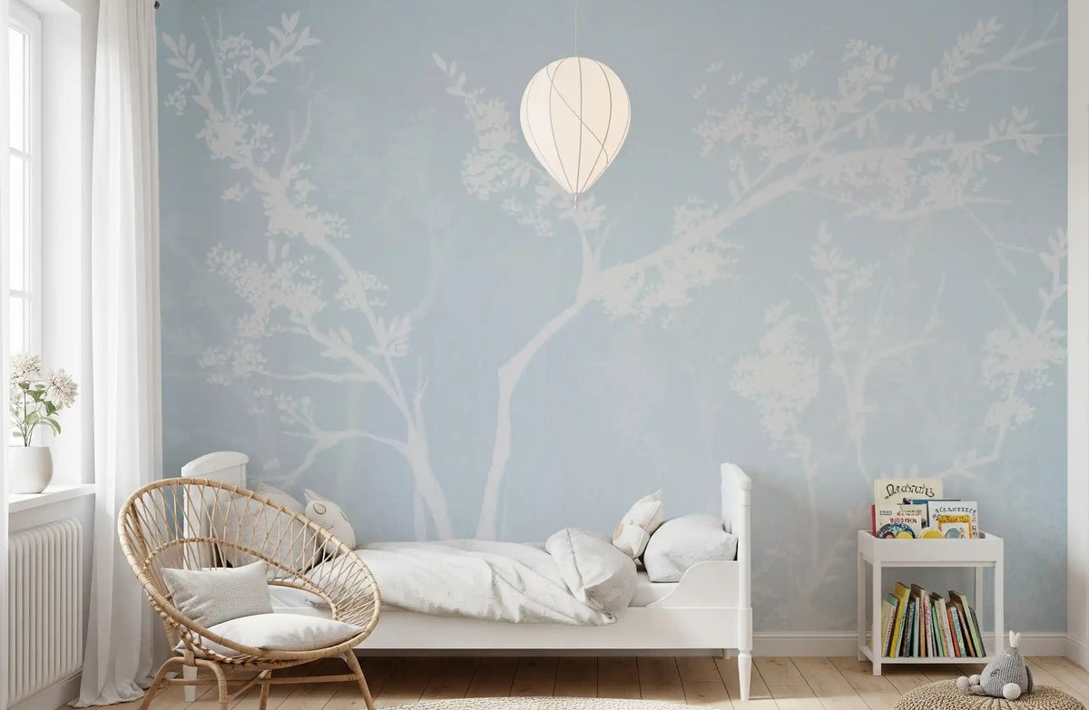 Ethereal Blue Blossom wall mural on a nursery with white tree silhouettes, GD9692