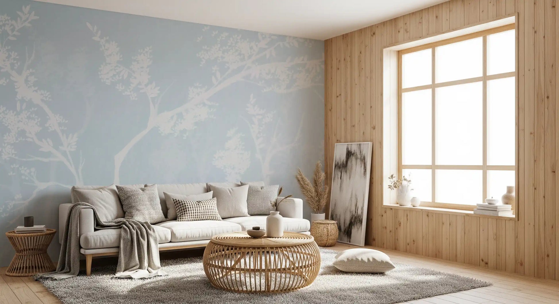 Blue Blossom Silhouette wall mural spanning a modern living room 