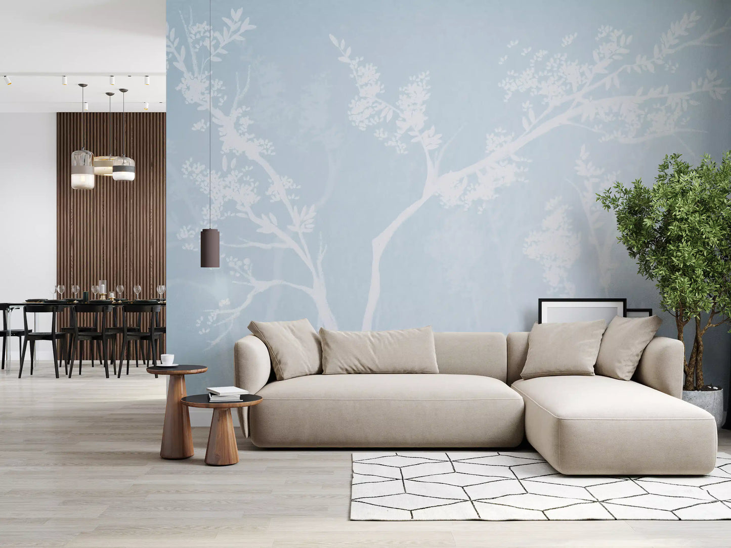 White on blue blossom wall mural giving a living room a calm presence
