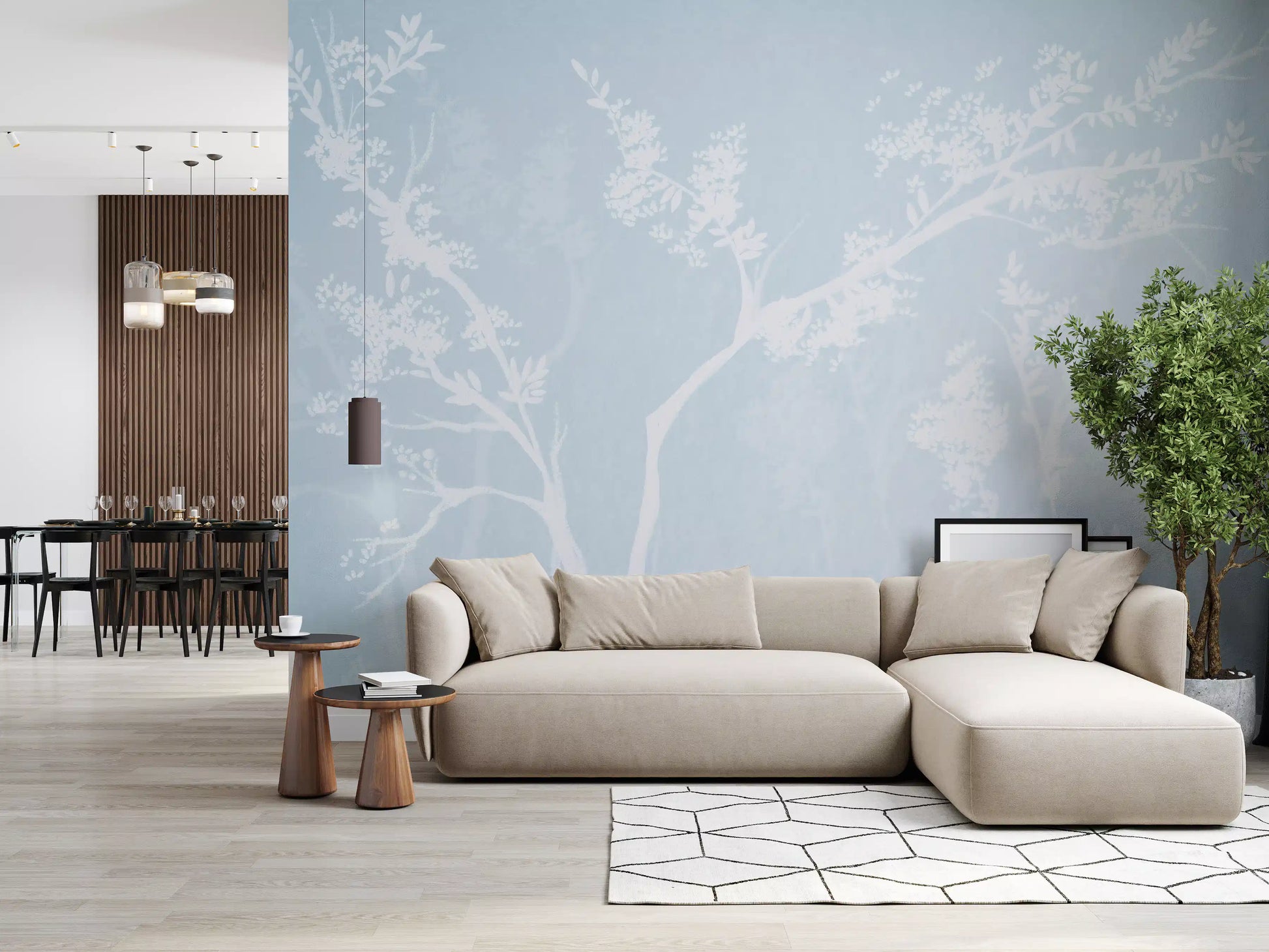 White on blue blossom wall mural giving a living room a calm presence