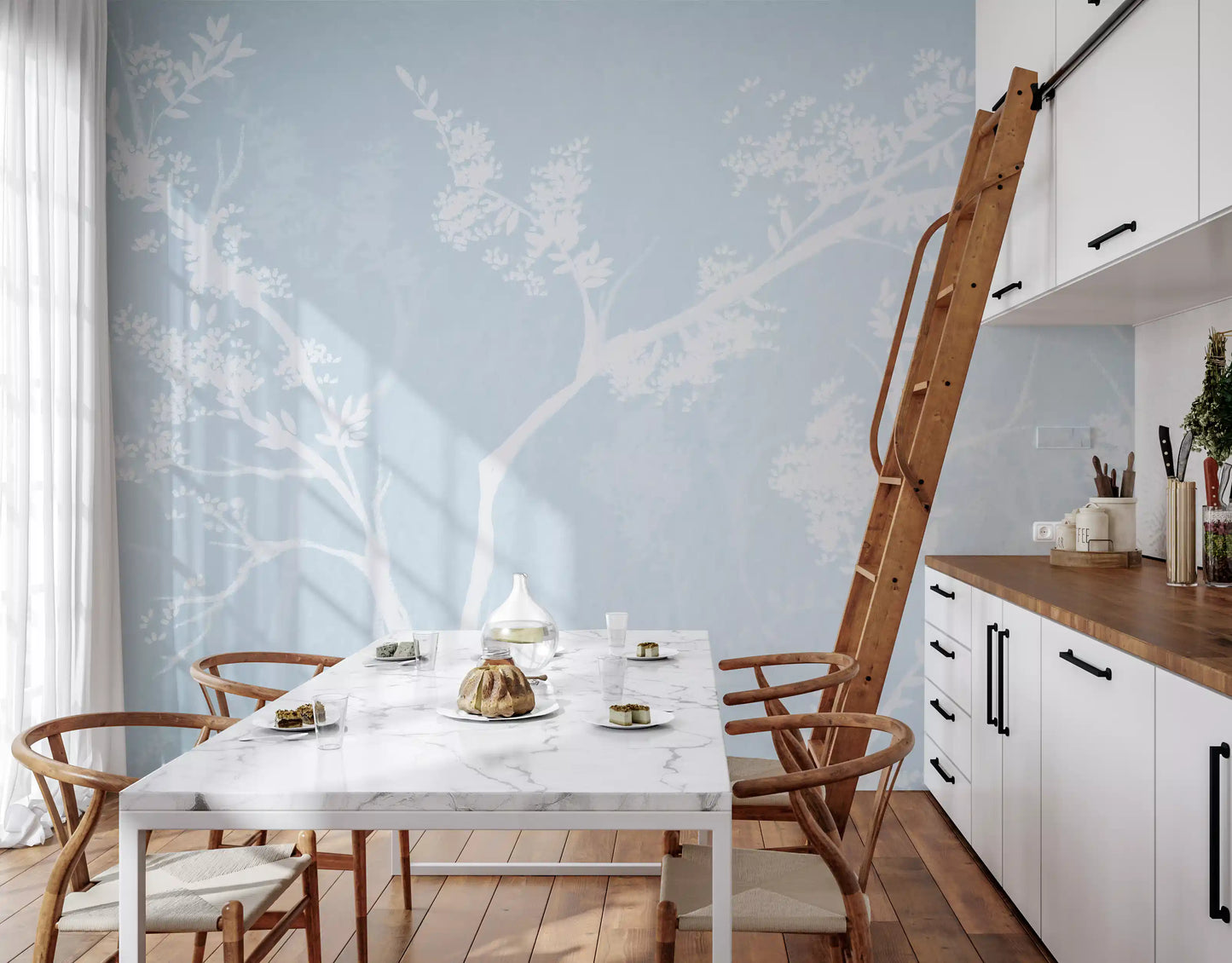 Fine leafwork visible on the Ethereal Blue Blossom Silhouette wall mural