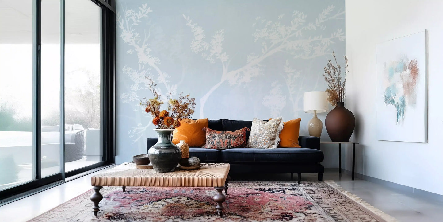 Ethereal blossom tree wall mural on a bright Living room in powder blue