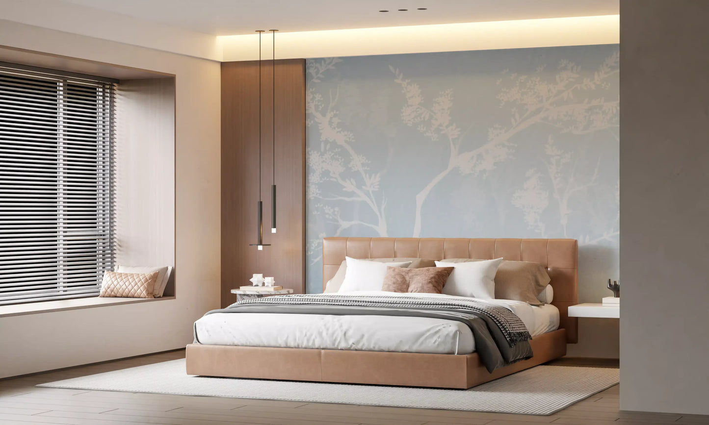Powder blue silhouette mural on a warm-toned bedroom 