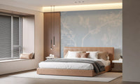 Powder blue silhouette mural on a warm-toned bedroom 