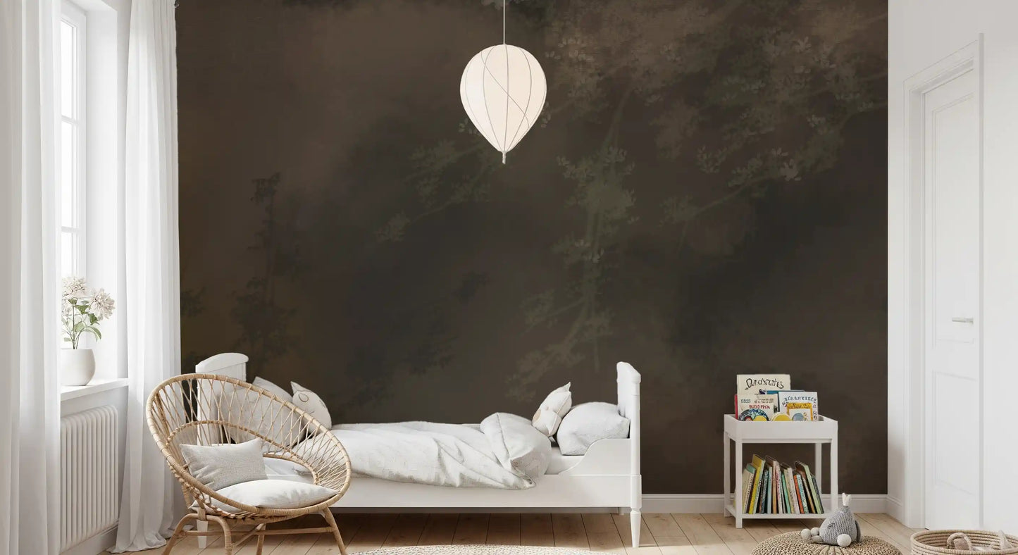 Dark brown misty forest wall mural running the full width of a lounge area, GD9693