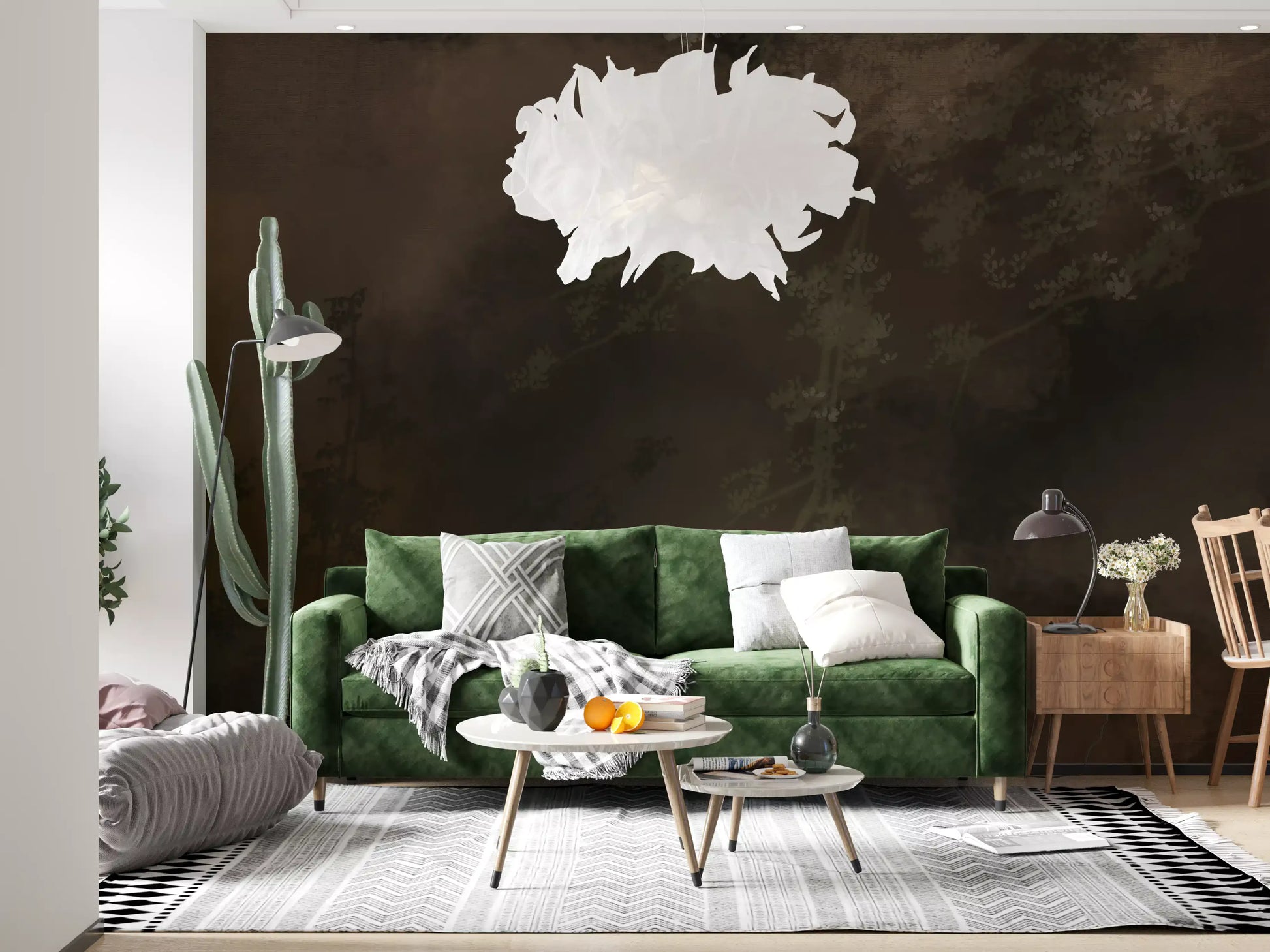 Woodland Haze misty mural where branches dissolve into a dark smoky background, GD9693