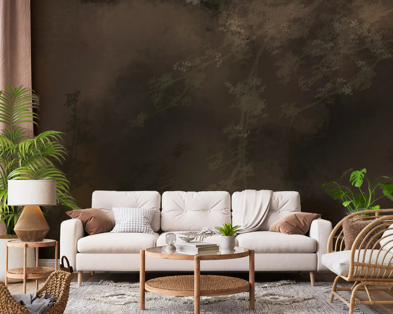 Warm neutral living room with Woodland Haze Tapestry moody forest wall mural