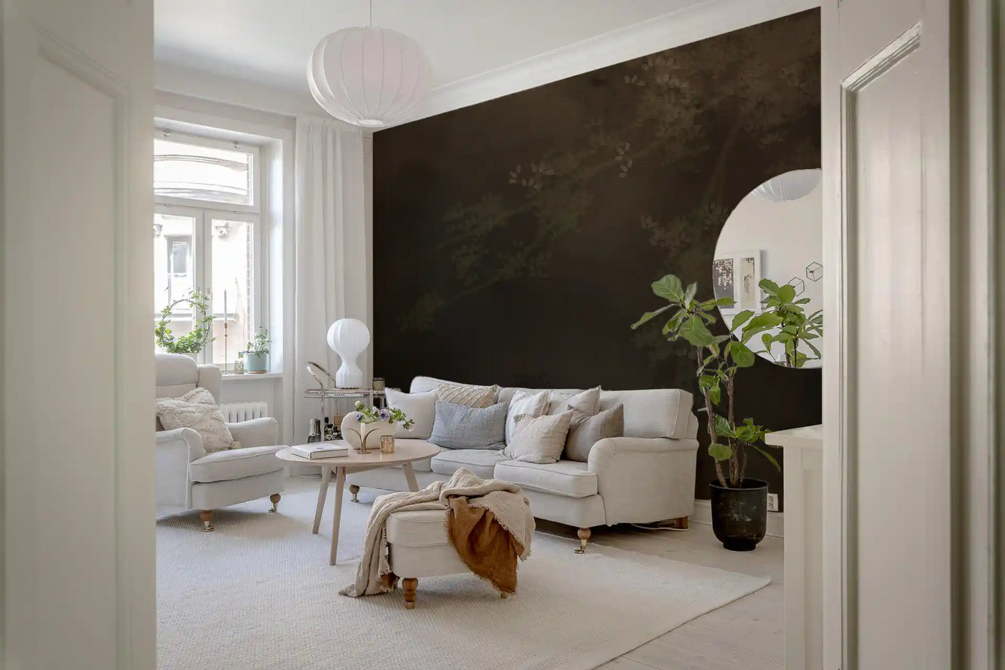 Smoke-layered forest wall mural with dark botanical canopy in brown and taupe, GD9693